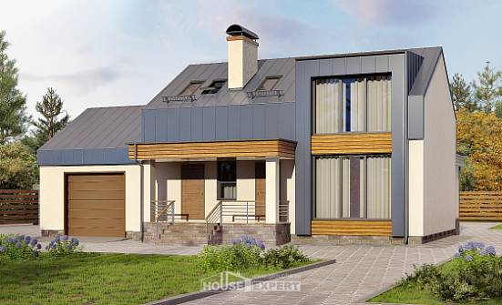 150-015-П Проект двухэтажного дома с мансардным этажом, гараж, бюджетный домик из блока Барнаул | Проекты домов от House Expert
